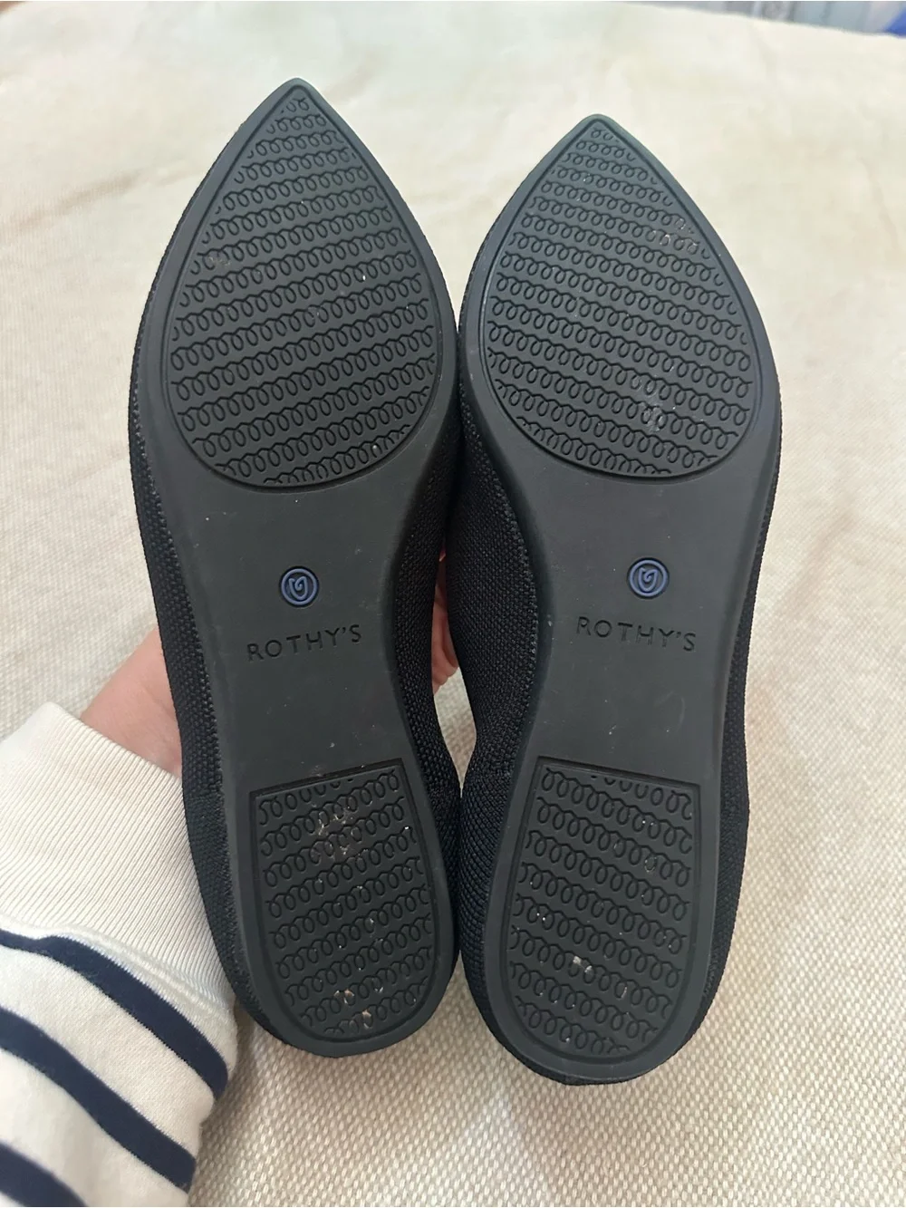 Rothy's Black Pointed Knit Flats with Blue Heel Trim